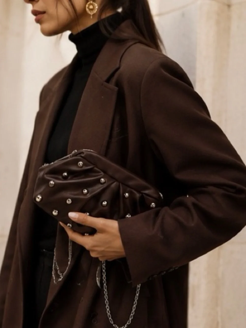 Luxe Studded Draped Leather Clutch in Rich Chocolate Brown